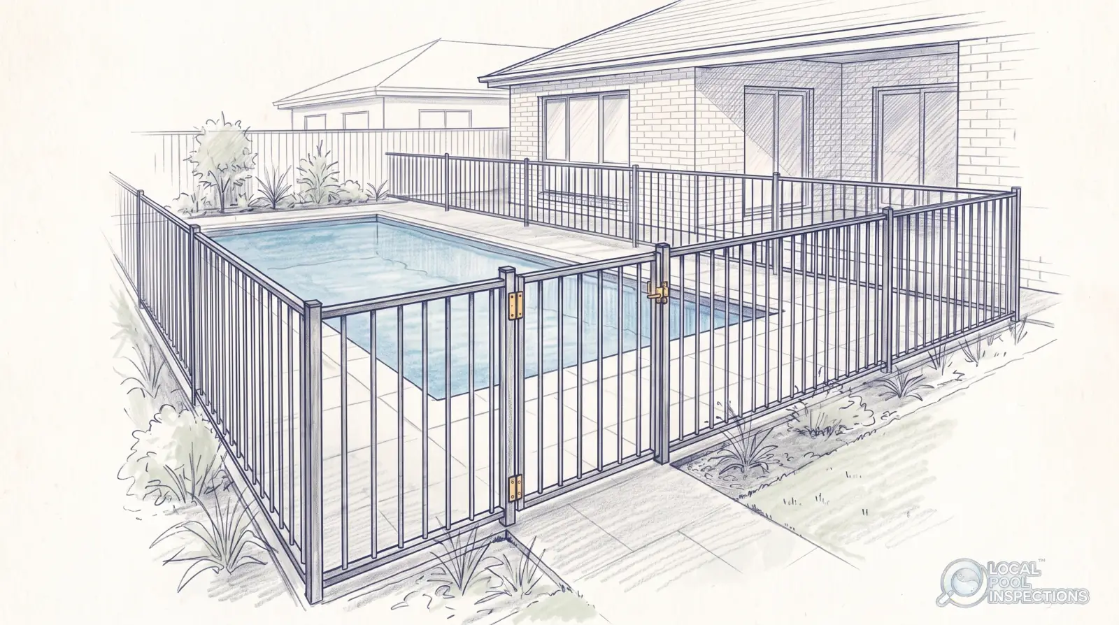 Pencil sketch of a rectangular in-ground pool inside a fenced enclosure, with a gate in the barrier. This drawing is not an above-ground pool.