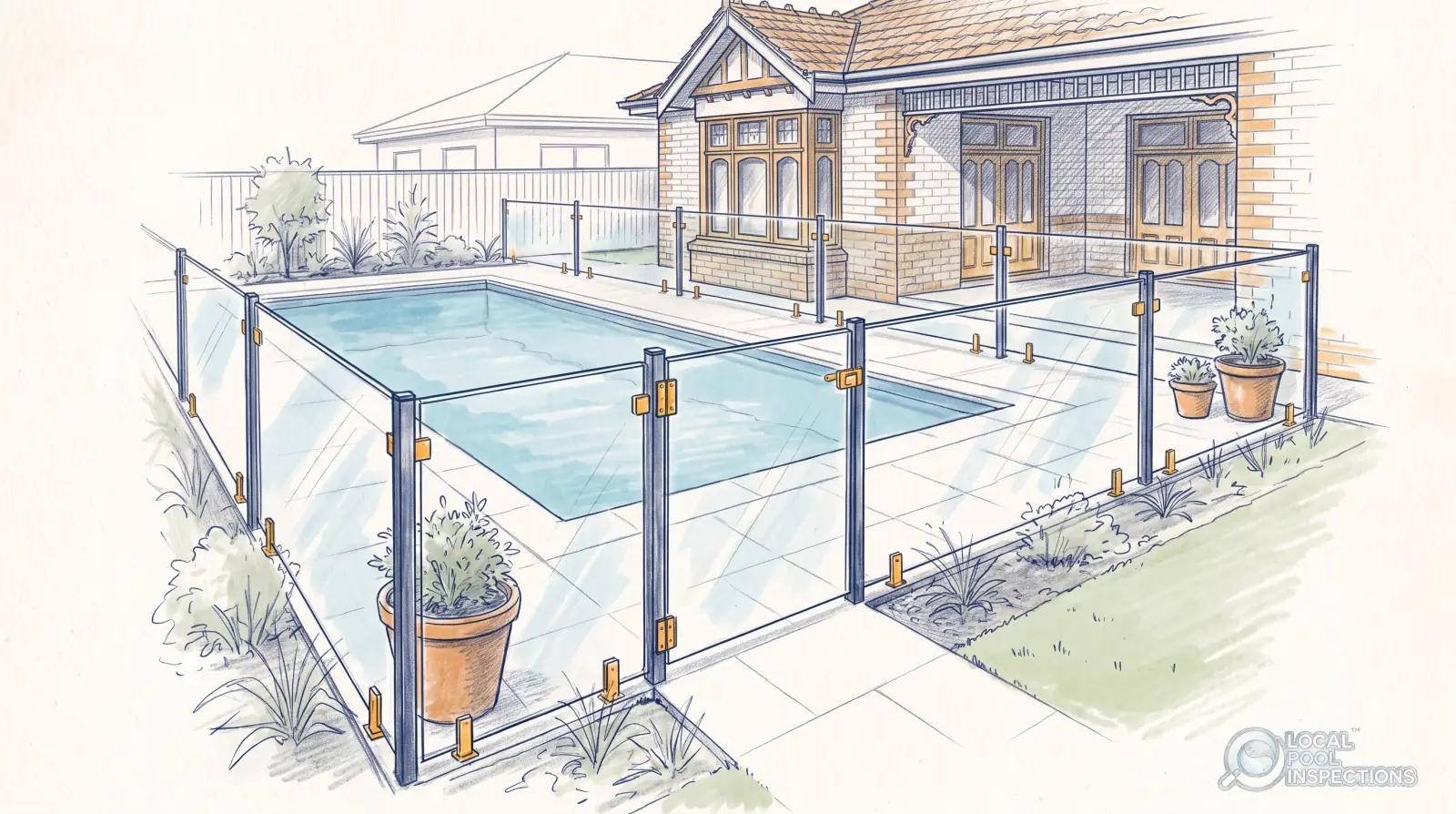 Pencil sketch of a backyard pool seen from the house, with a glass safety fence, a gate, and the water beyond the patio.