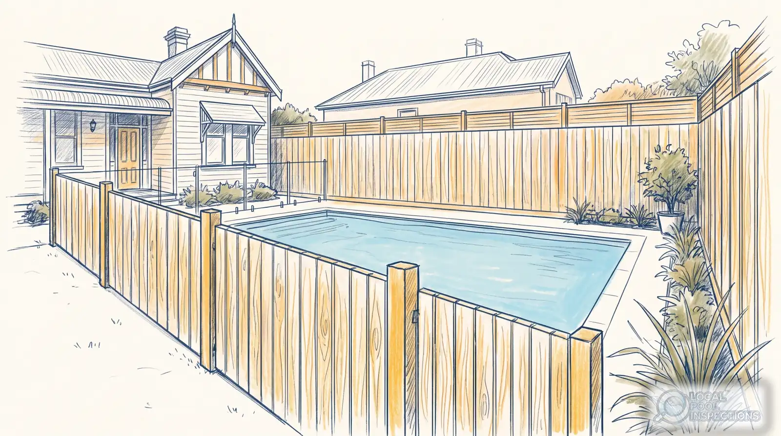 Pencil sketch of a pool enclosure where a timber boundary fence meets a glass barrier section, with a cottage behind.