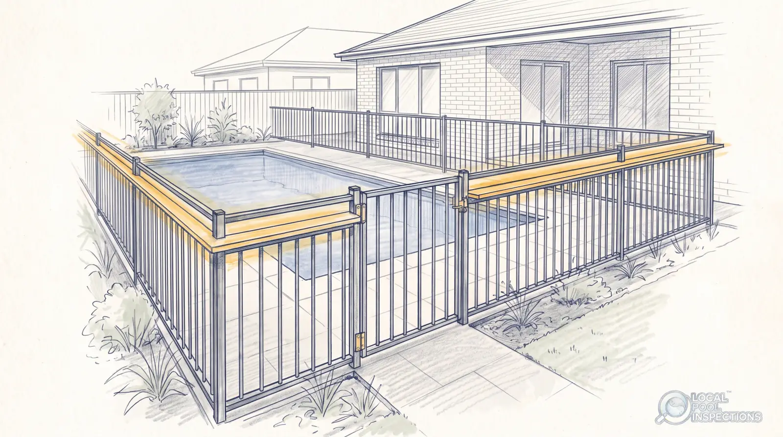 Pencil sketch of a timber ledge fixed along the inside of a pool fence, forming a horizontal foothold beside the water.