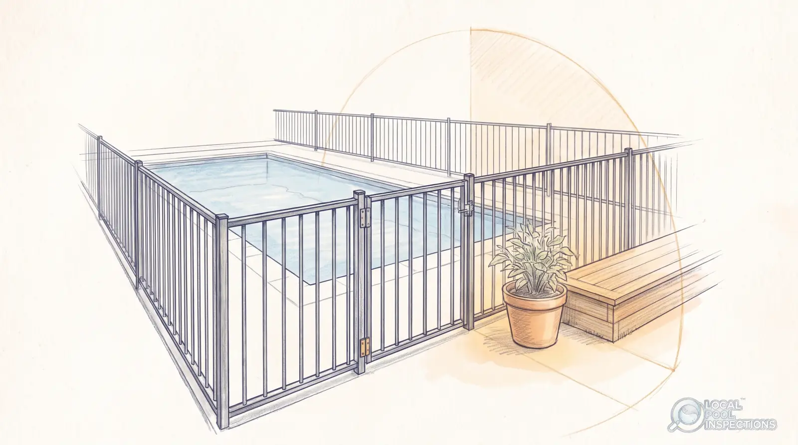 Pencil sketch of a pot and outdoor furniture sitting outside a pool fence, in the clear zone measured from the top of the barrier.