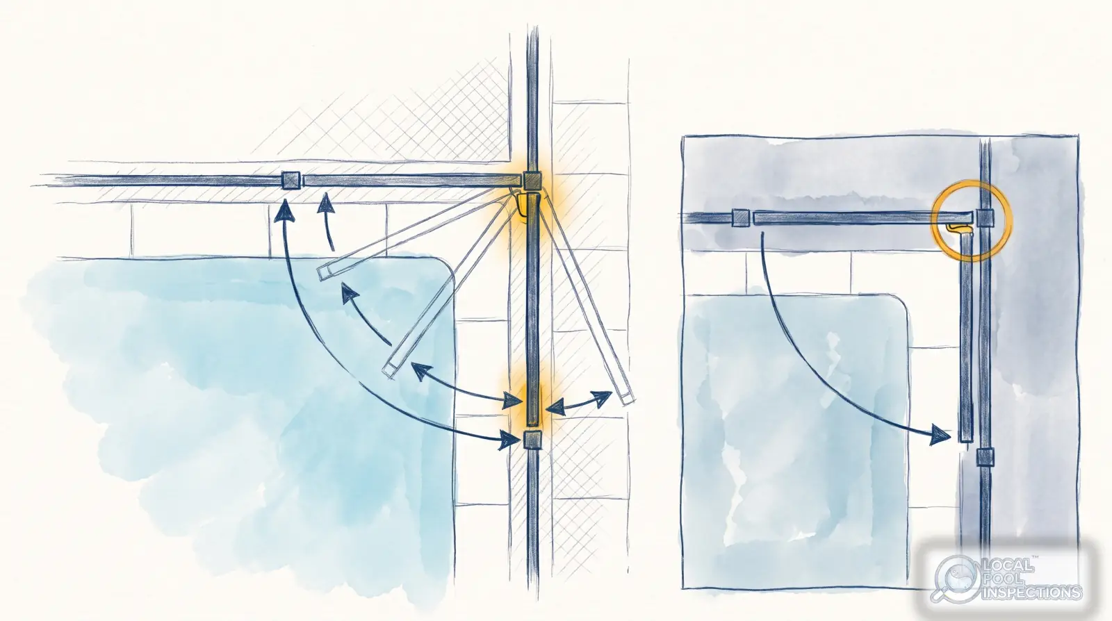 Pencil sketch from above of a pool-gate swing, with the hinge post, the latch post, and the gate part-way along its arc.