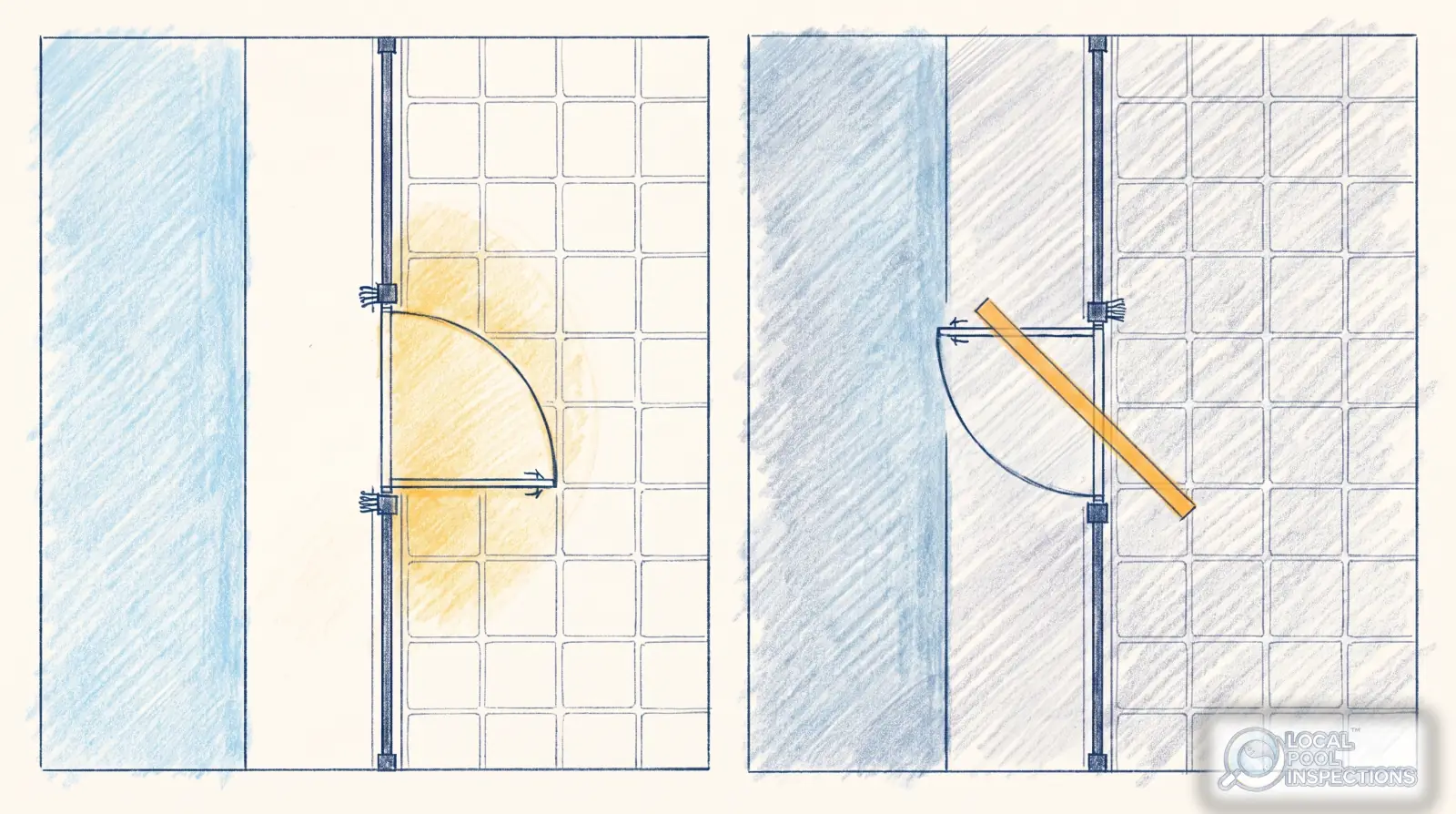Pencil sketch of two pool gates side by side, one swinging away from the water and one swinging inward, the inward swing crossed out.
