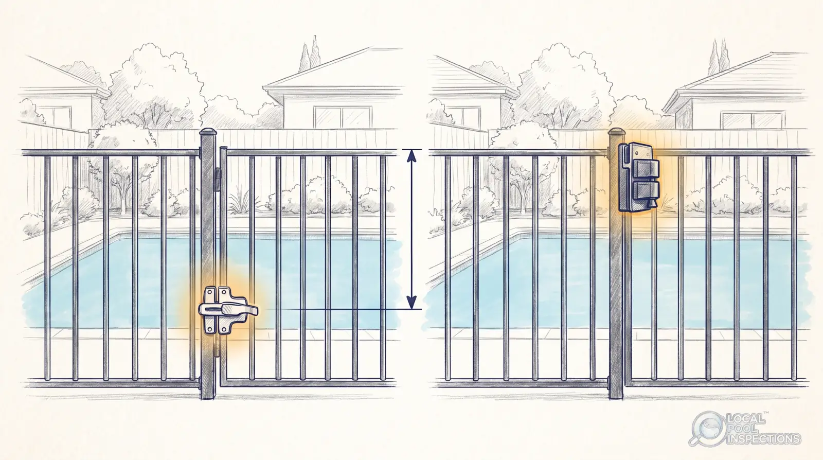 Pencil sketch comparing a low garden-style pool latch with a tall top-pull latch, the low one marked as the release that needs a shield.