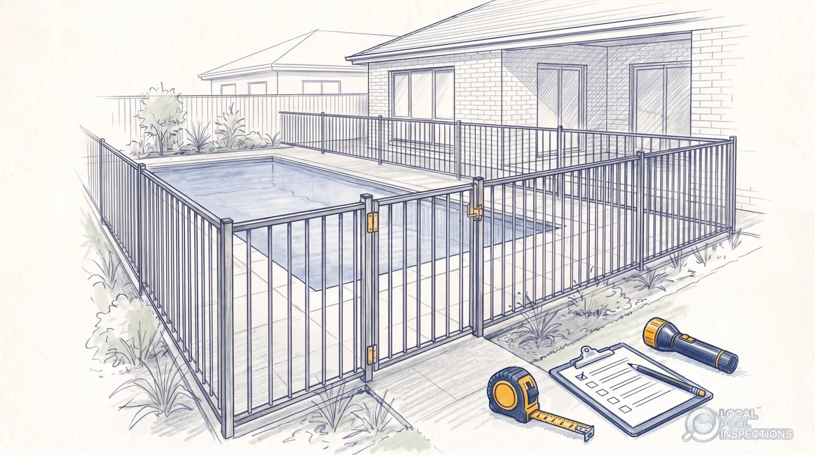 Pencil sketch of a tape measure, clipboard and torch laid out in front of a pool fence and gate.