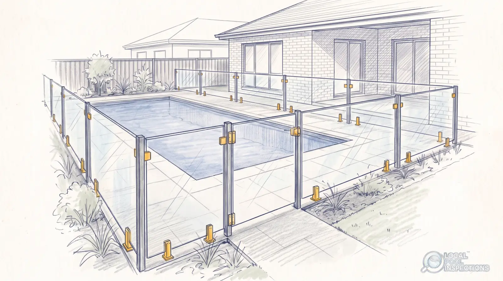 Pencil sketch of a new-estate backyard with a glass pool fence, a gate, and a fresh patio around an in-ground pool.