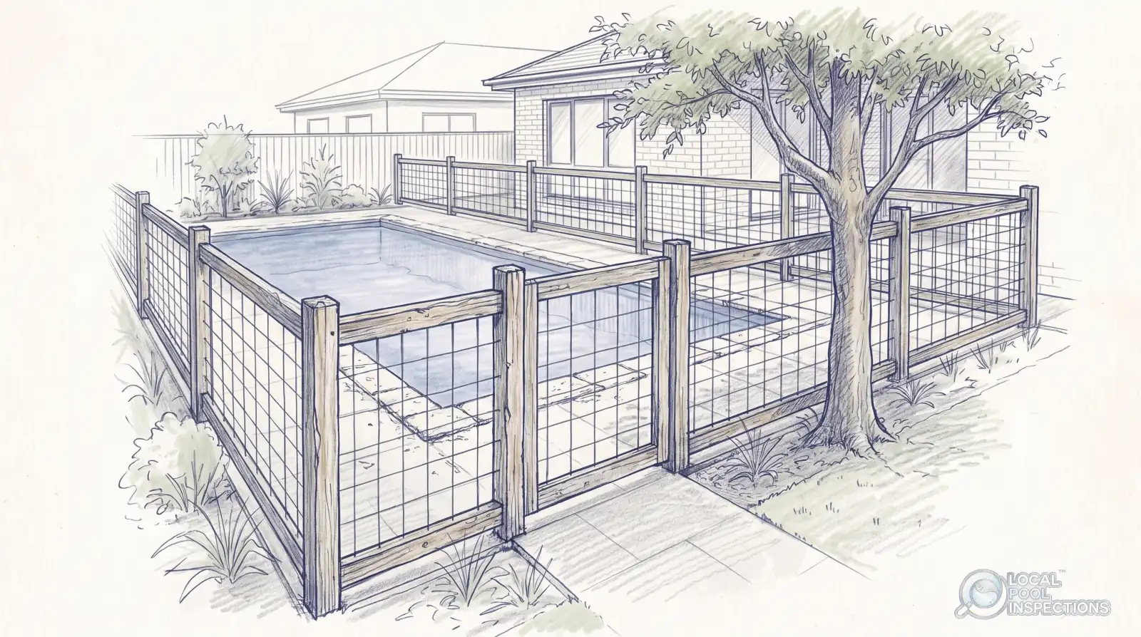 Pencil sketch of an older backyard pool behind a weathered timber and wire fence, with a tree growing close to the barrier.